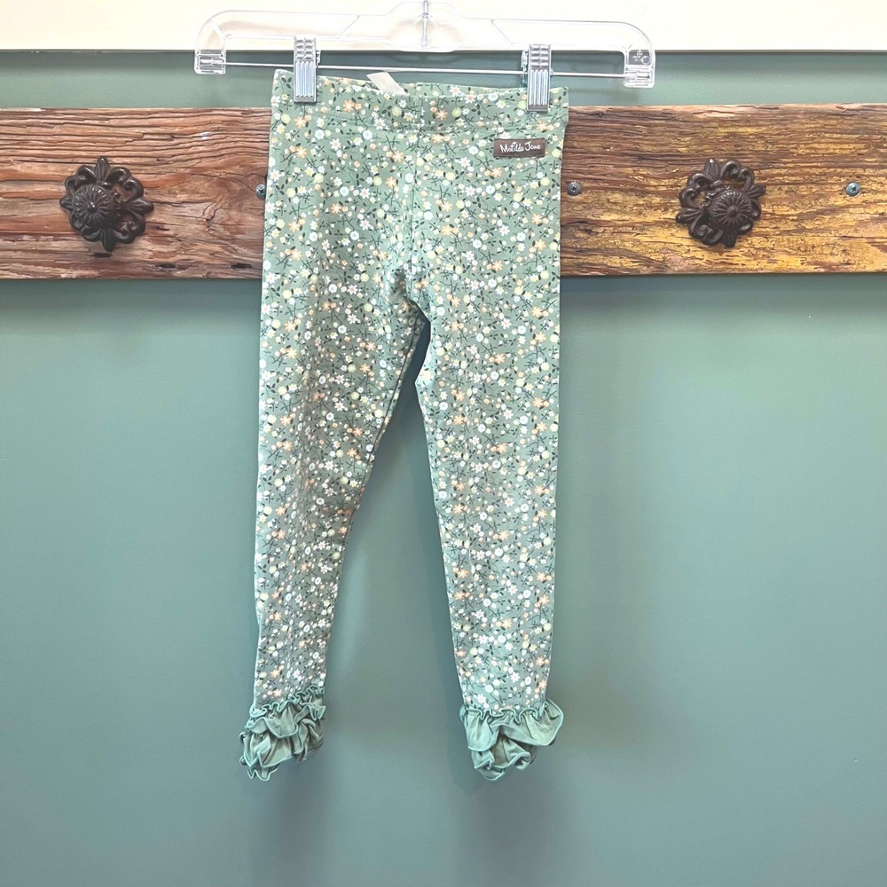 Matilda Jane Girls Sage Green Floral Ruffle Hem Leggings Size 6β Stretch Pants